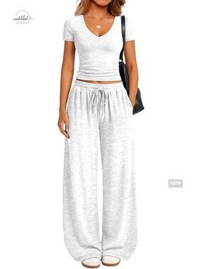 Rayon Spandex Lounge Set Medium Short Sleeve Crop Top Wide Leg Pants